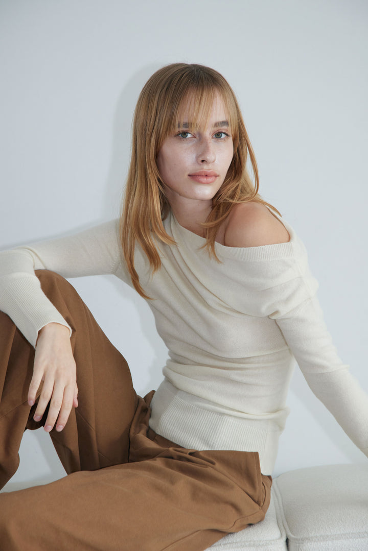 Cashmere Asymmetrical Off-Shoulder Knit Top