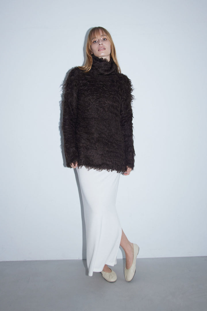 Open-Back Shaggy Turtleneck Knit