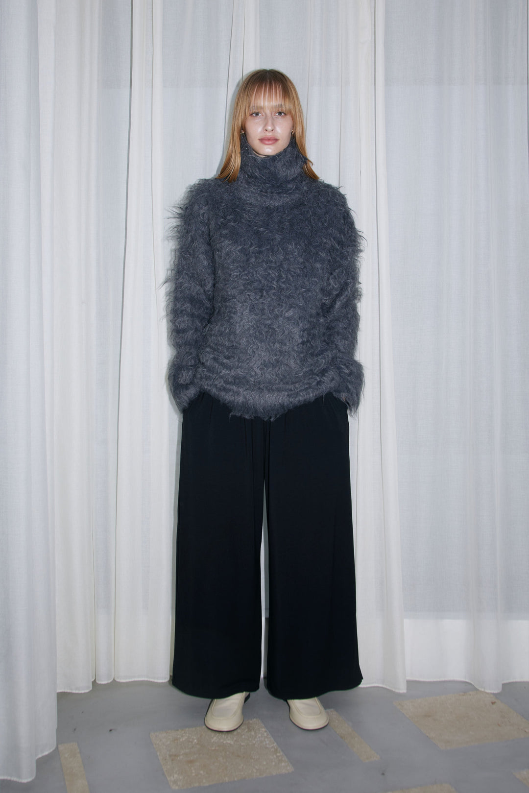 Open-Back Shaggy Turtleneck Knit