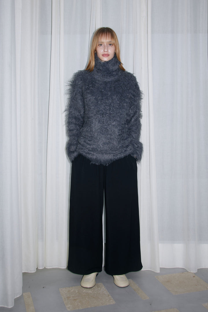 Open-Back Shaggy Turtleneck Knit