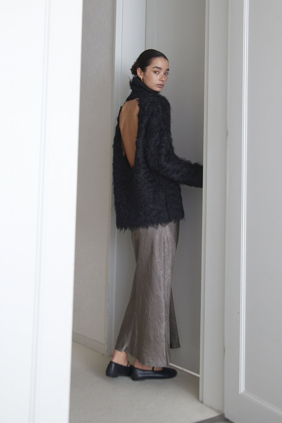 Open-Back Shaggy Turtleneck Knit