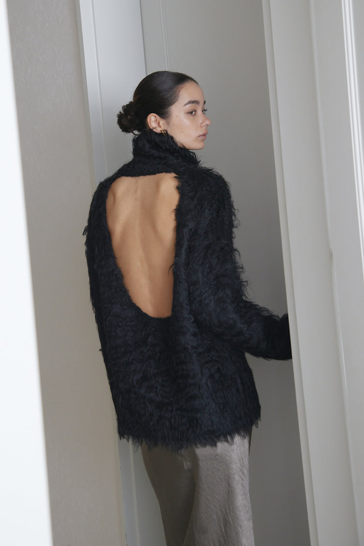 Open-Back Shaggy Turtleneck Knit