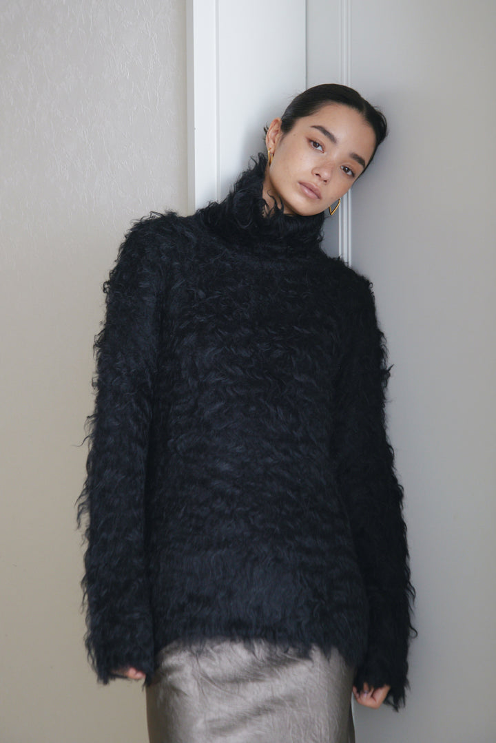 Open-Back Shaggy Turtleneck Knit
