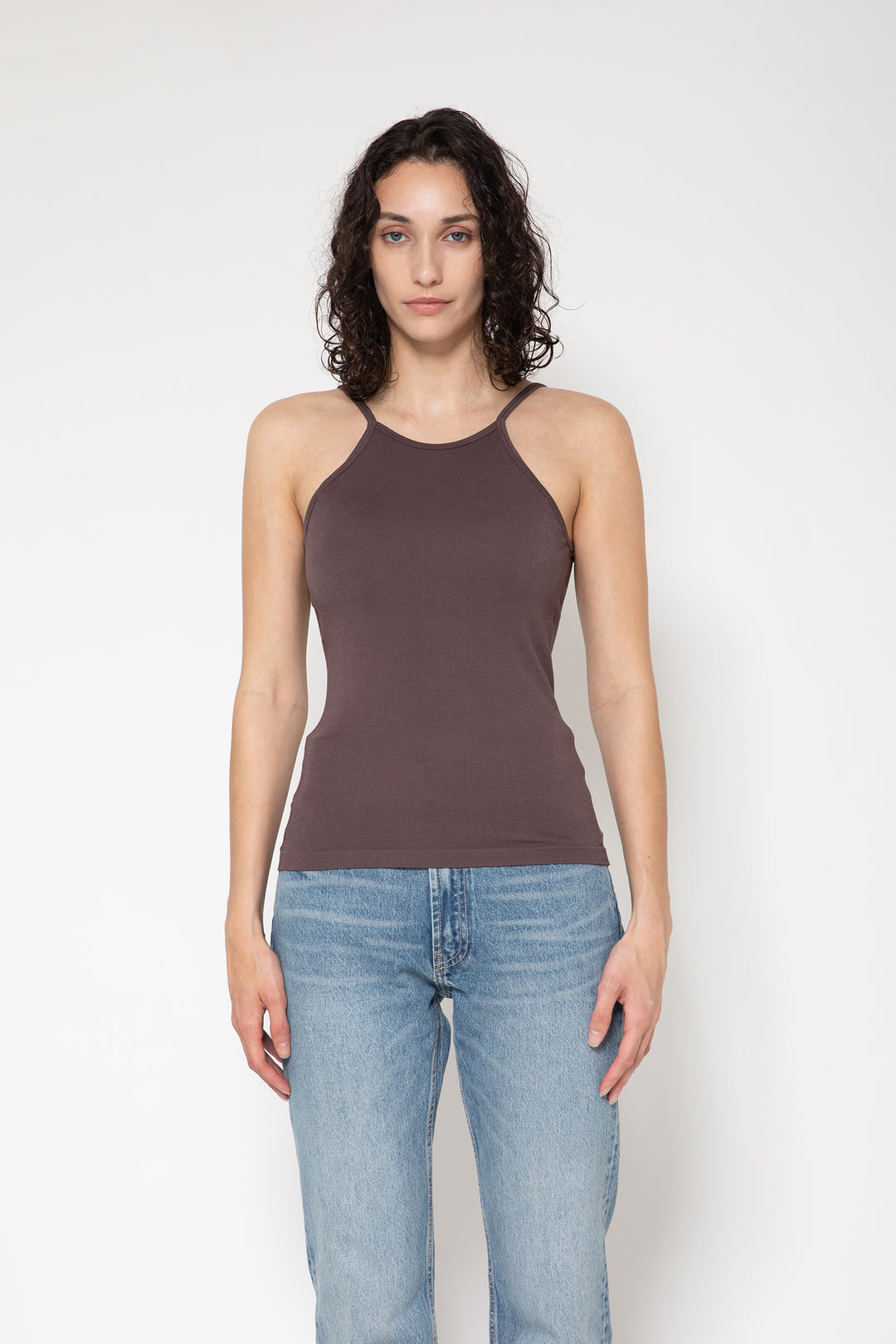 Woman modeling front of the dark brown”Collagen Ribbed Tank Top"