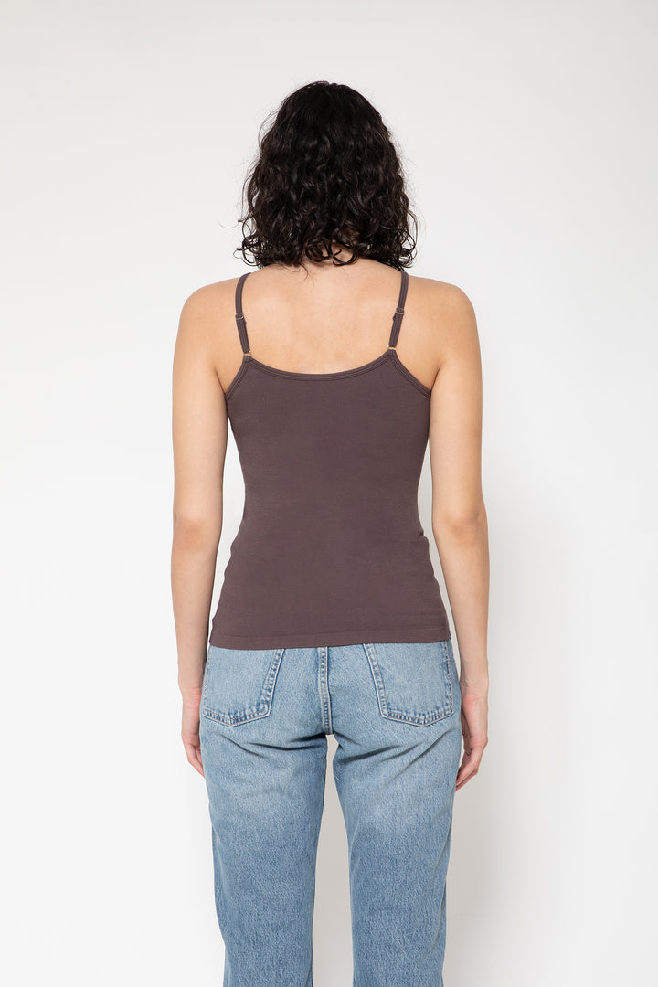 Woman modeling front of the dark brown”Collagen Ribbed Tank Top"