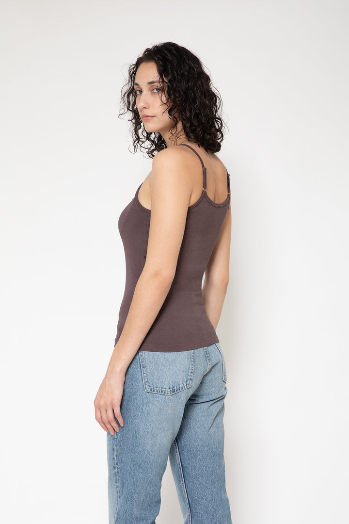 Woman modeling front of the dark brown”Collagen Ribbed Tank Top"