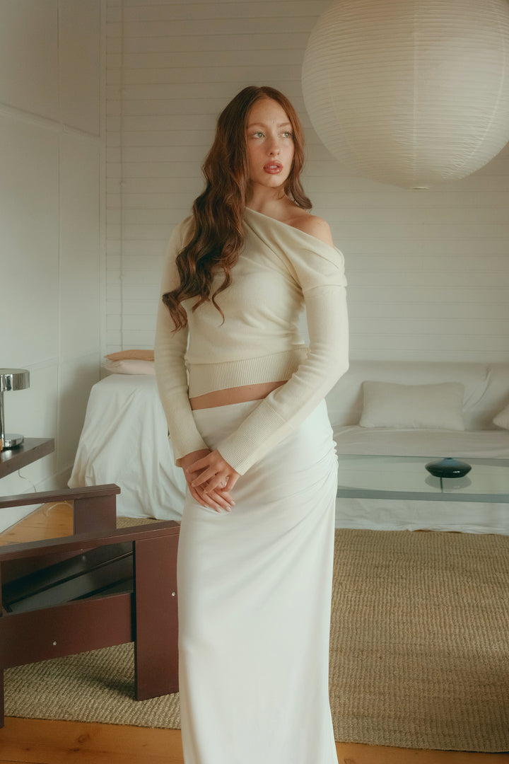 Cashmere Asymmetrical Off-Shoulder Knit Top