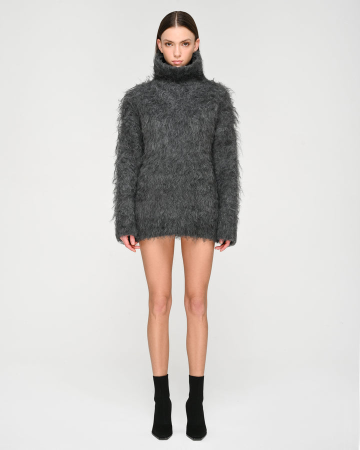 Open-Back Shaggy Turtleneck Knit