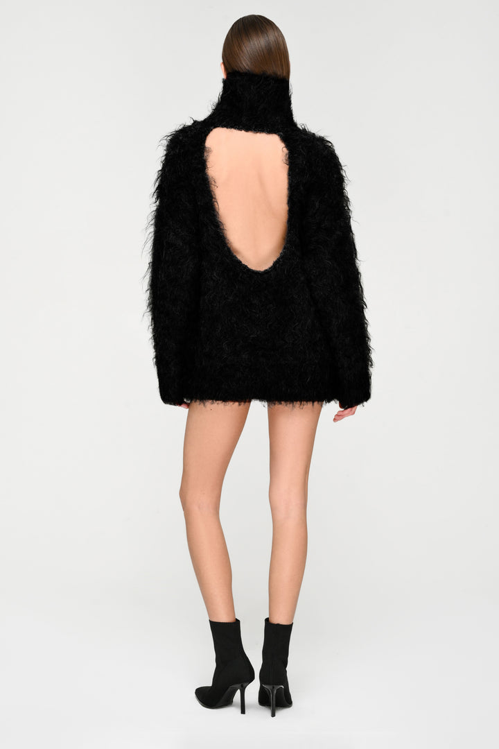 Open-Back Shaggy Turtleneck Knit