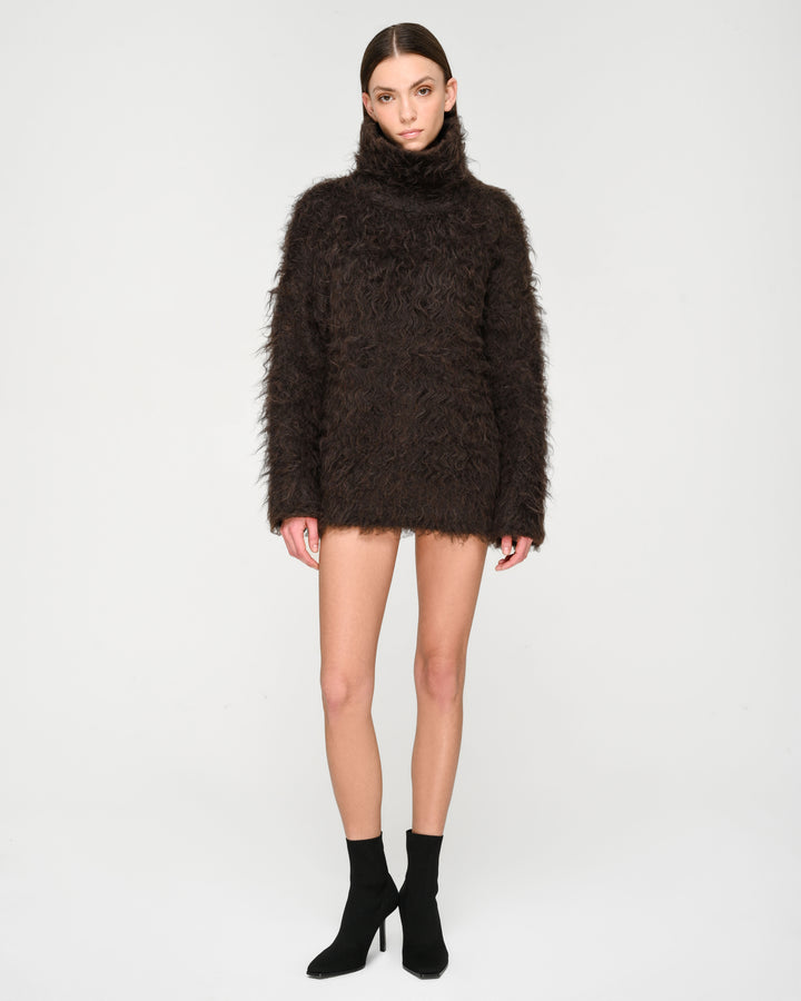 Open-Back Shaggy Turtleneck Knit