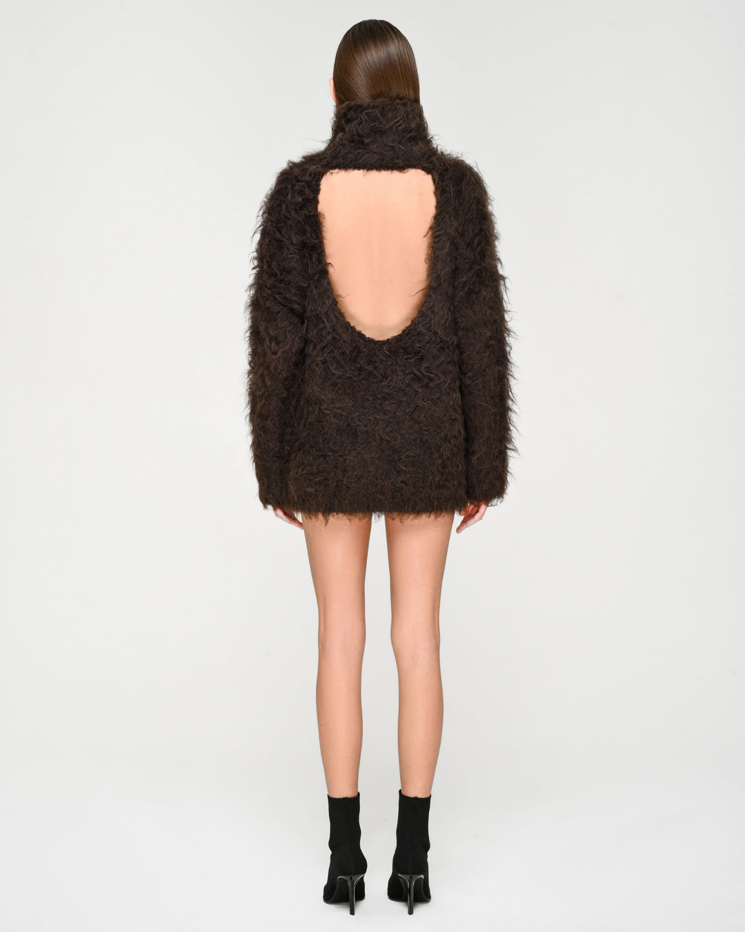Open-Back Shaggy Turtleneck Knit