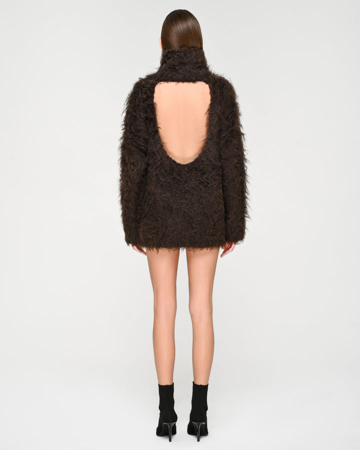 Open-Back Shaggy Turtleneck Knit